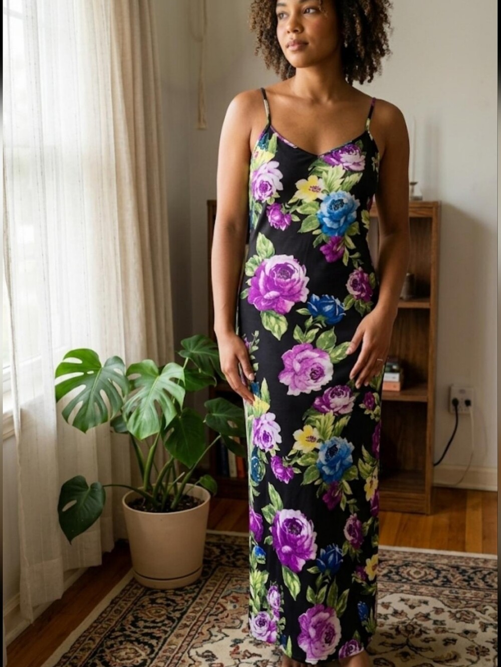 Black Floral Slip Maxi Dress with Purple & Blue Flowers